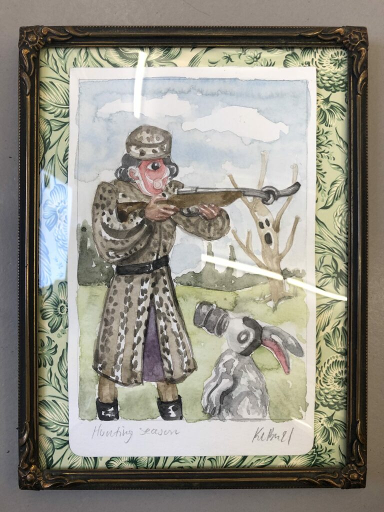 Hunting season, akvarel på papir, 13x21, indrammet i vintage-ramme med bogbinderpapir som baggrund