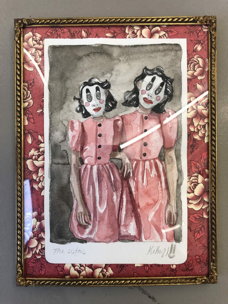 The sisters, akvarel på papir, 13x21, indrammet i vintage-ramme med bogbinderpapir som baggrund